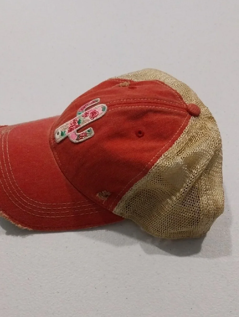 Distressed Red Cap with Floral Cactus Patch NWOT
